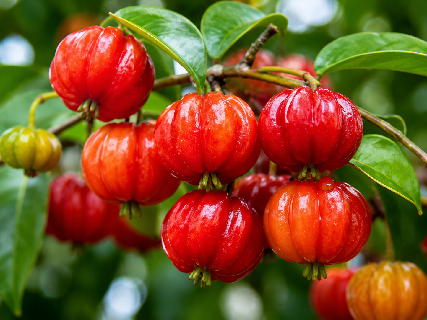 Fruits mûrs de Surinam Cherry (Pitanga) rouge sur l'arbre – Illustration Tropico-Québec
